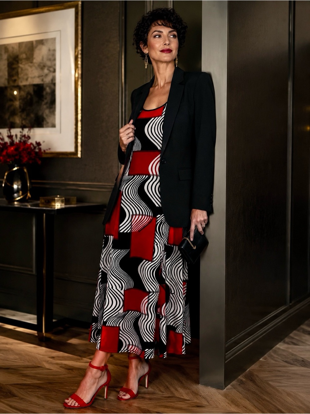 Vamp Ultra-Bold Op-Art Midi Dress--Black/White/Red 🖤🤍❤️ Bundle & Save-Pull-on